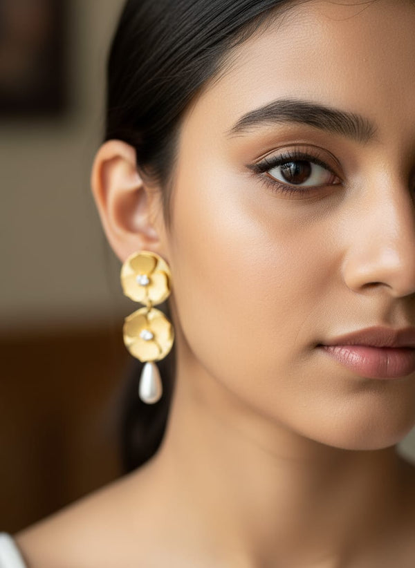 Gold plated floral hanging earrings