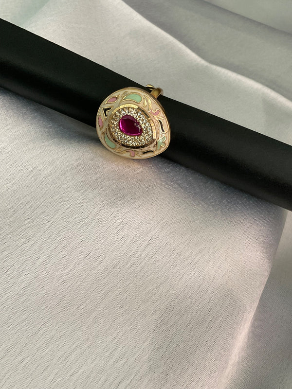 Enamel ethnic adjustable ring with ruby pink kundan