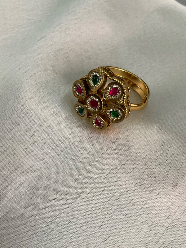 Gold plated pink green kundan stone studded adjustable ring