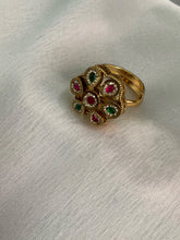 Gold plated pink green kundan stone studded adjustable ring