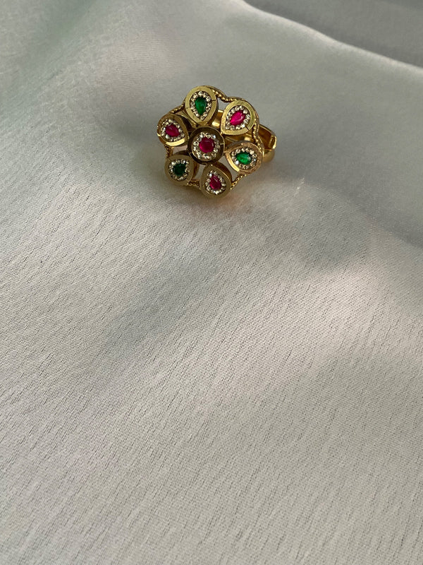 Gold plated pink green kundan stone studded adjustable ring