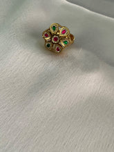 Gold plated pink green kundan stone studded adjustable ring
