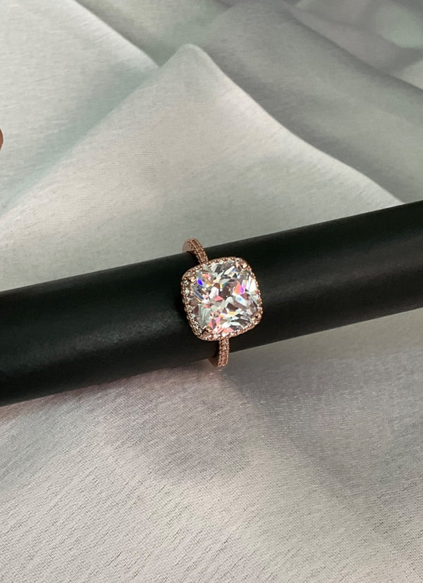 Gold shimmering  artificial  stone studded cushion cut ring