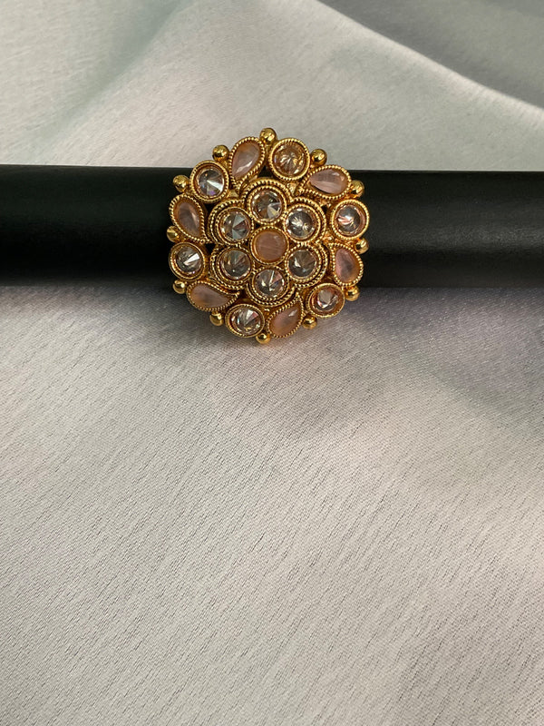 Gold plated stone studded adjustable ring
