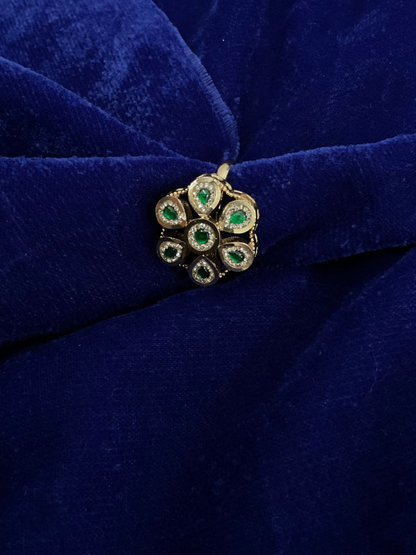 Gold plated  green kundan stone studded adjustable ring