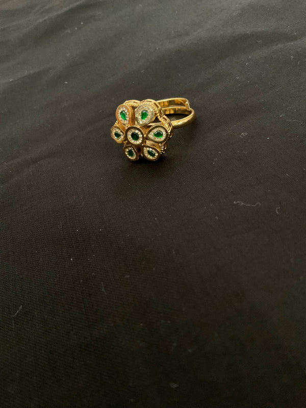 Gold plated  green kundan stone studded adjustable ring