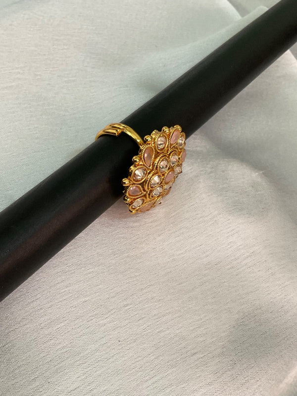 Gold plated stone studded adjustable ring